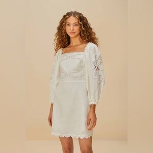 FARM Rio Off-White Embroidered Euroflax™ Premium Linen Mini Dress